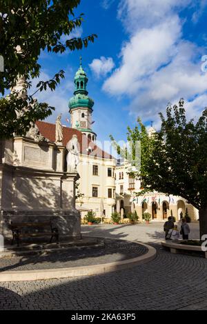 Statue der Heiligen Dreifaltigkeit (1701) und Feuerwache Turm, Fo ter, Sopron, Ungarn Stockfoto