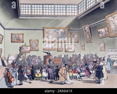 Christie's Auction Room. Ca. 1808. Nach einem Werk von August Pugin und Thomas Rowlandson im Londoner Mikrokosmos, erschienen in drei Bänden zwischen 1808 und 1810 bei Rudolph Ackermann. Pugin war der Künstler, der für die architektonischen Elemente in den Mikrokosmos-Bildern verantwortlich war; Thomas Rowlandson wurde beauftragt, die lebendigen menschlichen Figuren hinzuzufügen. Stockfoto