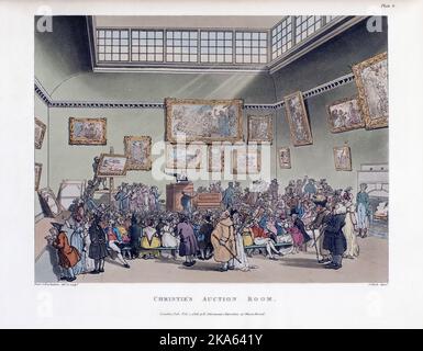 Christie's Auction Room. Ca. 1808. Nach einem Werk von August Pugin und Thomas Rowlandson im Londoner Mikrokosmos, erschienen in drei Bänden zwischen 1808 und 1810 bei Rudolph Ackermann. Pugin war der Künstler, der für die architektonischen Elemente in den Mikrokosmos-Bildern verantwortlich war; Thomas Rowlandson wurde beauftragt, die lebendigen menschlichen Figuren hinzuzufügen. Stockfoto