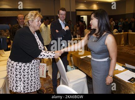 Jambi, INDONESIEN 20150416. Aida Greenbury ist Leiterin der Arbeit des indonesischen Papiergiganten Asia Pulp and Papers (APP) für einen nachhaltigen Betrieb. Am Donnerstag diskutierte sie mit der norwegischen Premierministerin Erna Solberg über nachhaltige Waldbewirtschaftung während einer Konferenz in Jambi auf Sumatra. Foto: Heiko Junge / NTB scanpix Stockfoto