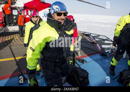 In der Nähe des Nordpols 20150422. Kronprinz Haakon und Kronprinzessin Mette-Marit kamen am Mittwoch auf dem Forschungsschiff „Lance“ an. Die Regierung hat das Projekt N-ICE mit zig Millionen Dollar unterstützt. Das Schiff sollte bei 83 Grad Nord eingefroren werden, um zu untersuchen, wie sich der Klimawandel auf das Eis auswirkt. Foto: Tore Meek / NTB scanpix Stockfoto