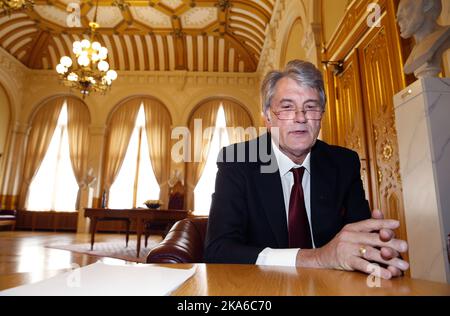 Oslo, Norwegen 20150526. Der ehemalige revolutionäre Held der Ukraine und Präsident Viktor Juschtschenko über die Lage in der Ukraine. Foto: Terje Pedersen / NTB scanpix Stockfoto