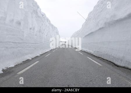 Sirdal, Norwegen 20150530. Nach einem kalten Monat im Mai erinnert es an den Sommer entlang der Kreisstraße 337 in den Bergen zwischen Setesdal und Sirdal. Es gibt viele Meter hohe Schneeflanken und am Samstag wurde leichte Schneeverwehung und zwei Grad über Null gemeldet. Foto: Tor Erik Schroeder / NTB scanpix Stockfoto