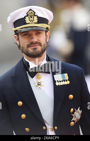 STOCKHOLM, SCHWEDEN 20150613. Hochzeit zwischen Prinz Carl Philip und Sofia Hellqvist. Der Bräutigam, Prinz Carl Philip von Schweden, kommt in der Königlichen Kapelle in Stockholm an. Foto: Jon Olav Nesvold / NTB scanpix Stockfoto