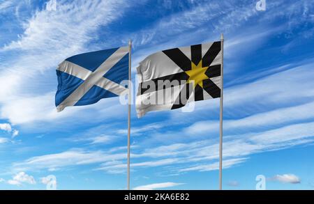 Flag of Sutherland ist eine historische Grafschaft, ein Registrierungsbezirk und ein Lieutenanzgebiet in den schottischen Highlands. Seine Kreisstadt ist Dornoch Stockfoto