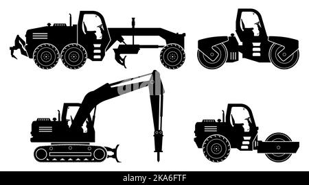 Straßenbaugeräte Silhouette auf weißem Hintergrund. Symbole für Motorgrader, Straßenwalzen und hydraulischen Presshammer zeigen die Ansicht von der Seite an. Stock Vektor