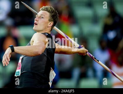 Oslo, Norwegen 20160609. Leichtathletik, IAAF Diamond League, Bislett Games 2016: Thomas Rohl aus Deutschland gewann am Donnerstagabend den Speer für Männer. Foto: Vegard Wivestad Grott / NTB scanpix Stockfoto