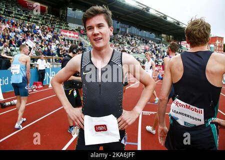 Oslo, Norwegen 20160609. Leichtathletik, die IAAF Diamond League, Bislett Games 2016: Jakob Ingebrigtsen nach 1500m Männern während der Bislett Games im Bislett Stadium Donnerstagabend. Foto: Heiko Junge / NTB scanpix Stockfoto