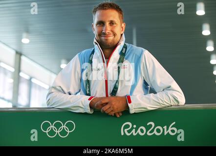 RIO DE JANEIRO, BRASILIEN 20160806. Olympische Sommerspiele 2016 in Rio: Die norwegischen Sportschütze sind Hansen im Olympischen Schießzentrum in Rio am Samstag. Foto: Erik Johansen / NTB scanpix Stockfoto