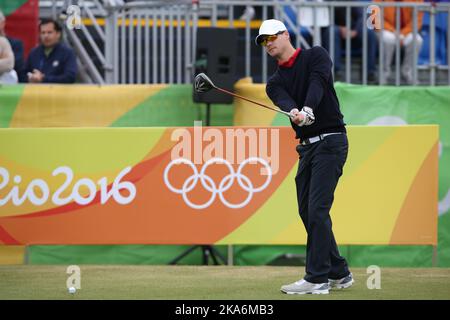 Rio de Janeiro, Brasilien 20160811. Olympische Sommerspiele in Rio 2016. Der Norwegain-Golfer Espen Kofstad in Aktion im Golf, 1. runde Männer. Foto: Erik Johansen / NTB scanpix Stockfoto