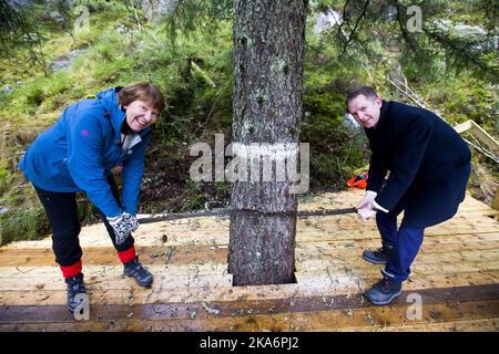 OSLO, Norwegen 20161116. Die Bürgermeisterin von Oslo, Marianne Borgen, und der Oberbürgermeister von Westminster, Ratsmitglied Steve Summers, gefällt am Mittwoch in Groenmo in Oestmarka den traditionellen Weihnachtsbaum nach London. Schüler der Klemetsrud Primary Schoo und Schüler der Manglerud School International Division und der Oslo International School unterhielten sich mit Weihnachtsliedern. Foto: Cornelius Poppe / NTB scanpix Stockfoto