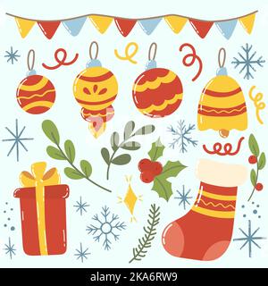 Set von Weihnachten oder Neujahr dekorative festliche Elemente. Niedliche gemütliche handgezeichnete Vektor-Clip-Art. Stock Vektor