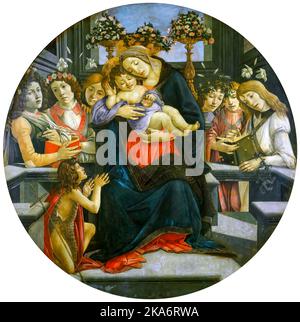 Sandro Botticelli, Jungfrau und Kind mit sechs Engeln und dem heiligen Johannes dem Täufer, Malerei in Tempera auf Tafel, um 1485 Stockfoto