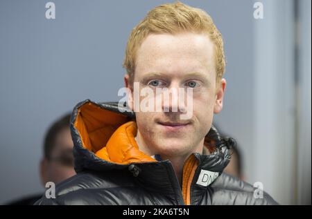 Hochfilzen, ÖSTERREICH 20170213. Die Biathlon-Weltmeisterschaften 2017 . Johannes Thingnes Boe bei einem Pressegespräch mit Fischer. Foto: Berit Roald / NTB scanpix Stockfoto