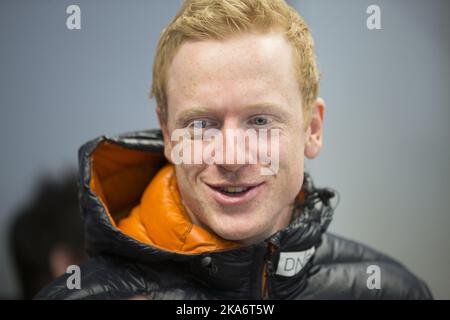 Hochfilzen, ÖSTERREICH 20170213. Die Biathlon-Weltmeisterschaften 2017 . Johannes Thingnes Boe bei einem Pressegespräch mit Fischer. Foto: Berit Roald / NTB scanpix Stockfoto