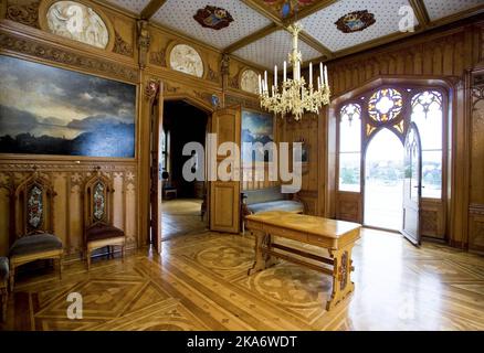 Interieur der neu renovierten Oscar Hall. Aus dem Wohnzimmer des Königs. Der Sommerpalast von Oscarshall liegt im kleinen Fjord Frognerkilen auf Bygdoy in Oslo, Norwegen. Foto: Berit Roald / SCANPIX Stockfoto