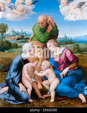 Die Heilige Familie der Canigiani, Ölgemälde auf Tafel von Raphael, 1505-1506 Stockfoto