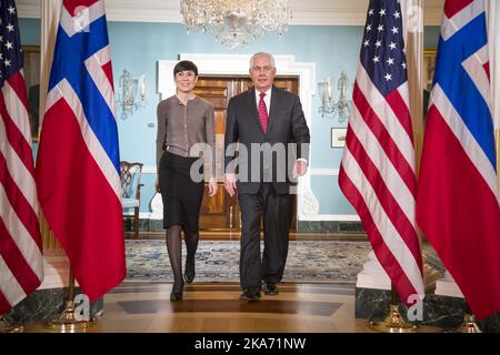 Washington DC, USA 20180111. Die Außenministerin, Frau Eriksen Soereide, traf sich am Donnerstag mit US-Außenminister Rex Tillerson zu bilateralen Gesprächen im Außenministerium von Washington. Foto: Heiko Junge / NTB scanpix [LANUAG Stockfoto