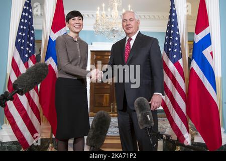 Washington DC, USA 20180111. Die Außenministerin, Frau Eriksen Soereide, traf sich am Donnerstag mit US-Außenminister Rex Tillerson zu bilateralen Gesprächen im Außenministerium von Washington. Foto: Heiko Junge / NTB scanpix [LANUAG Stockfoto