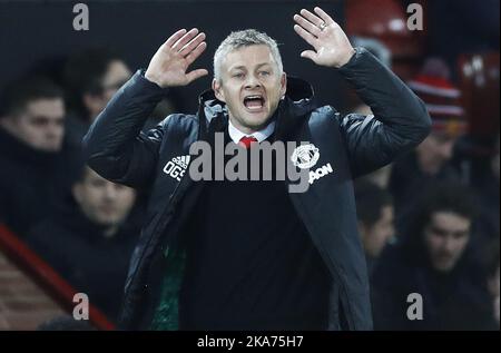 Manchester, England 20190212. Manchester United-Manager Ole Gunnar Solskjaer am Rande des Meisterschaftsfinales 8. gegen Paris Saint-Germain in Old Trafford. Manchester United verlor das Spiel gegen PSG mit 0:2. Foto: Erik Johansen / NTB scanpi Stockfoto