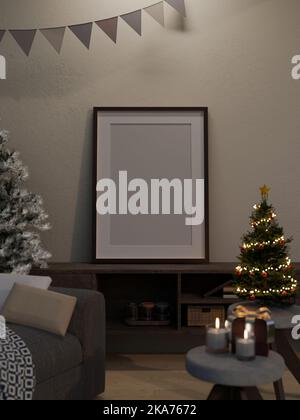 Leeres Bilderrahmen-Modell für die Anzeige Ihre Grafik ist am Weihnachtstag auf einem minimalistischen Holzschrank im modernen und gemütlichen Wohnzimmer zu Hause. Christm Stockfoto
