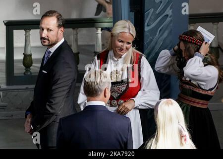 Asker, Norwegen 20200905. Kronprinzessin Mette Marit, Prinzessin Ingrid Alexandra und Kronprinz Haakon nehmen an der Bestätigung von Prinz Sverre Magnus in der Asker Kirche Teil. POOL Foto: Stian Lysberg Solum / NTB scanpix Stockfoto