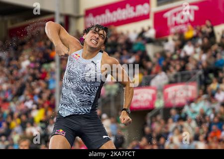 Oslo 20220616. Armand Duplantis aus Schweden reagiert, wenn sie während der Diamond League Bislett Games 2022 im Stabhochsprung um Männer konkurriert. Foto: Beate Oma Dahle / NTB Stockfoto