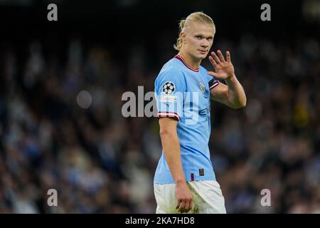 Manchester, Großbritannien 20220914. Erling Braut Haaland von Manchester City nach dem 2-1. Tor beim Champions-League-Fußballspiel zwischen Manchester City und Borussia Dortmund im Etihad Stadium. Foto: Fredrik Varfjell / NTB Stockfoto