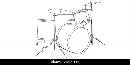 Fortlaufende Linienzeichnung des Trommelinstruments. Drum Set minimalistisches Liniendesign. Vektorgrafik Stock Vektor