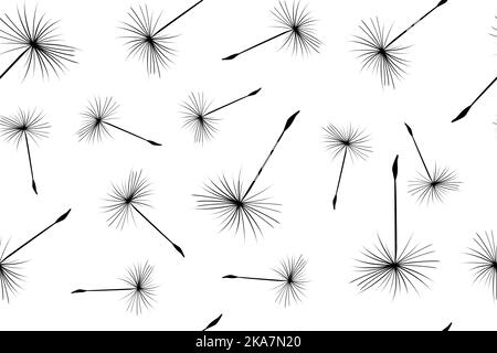 Nahtloser Hintergrund. Der Sandelionenflaum fliegt vom Wind weg. Stock Vektor