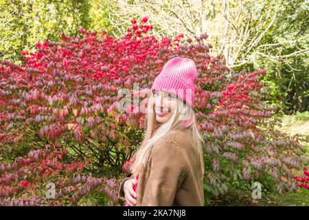 Schöne Frau in einem rosa Hut neben einem rotblättrigen Strauch im Herbst Stockfoto