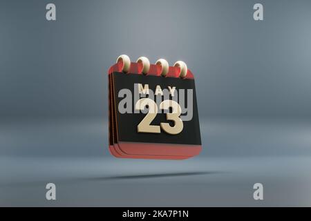 Schwarzer und roter Kalender mit Monatseinlagen und Datum Mai 23. Modernes Design mit goldenen Elementen, 3D Rendering Illustration. Blauer grauer Hintergrund Stockfoto