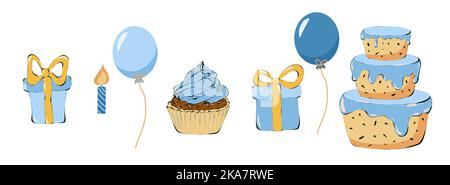 Set mit Geburtstagsparty-Elementen. Kuchen, Luftballons, Geschenke, Süßes und Kerze. Illustration für Einladung oder Grußkarte, isoliert Stockfoto