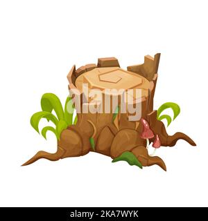 Baumstumpf, detaillierte Zeichnung mit Gras, Moos und Pilzen im Cartoon-Stil isometrisch isoliert auf weißem Hintergrund. Log, Outdoor Wald gehackt Holzmaterial. Strukturiertes Clip-Art-Material. . Vektorgrafik Stock Vektor