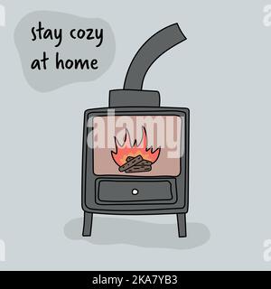 Bleiben Sie gemütlich zu Hause, Postkarte mit Kamin Stock Vektor