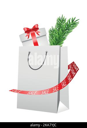 Weiße Geschenktasche, Shopping für Weihnachten und Neujahr. Das Konzept eines speziellen Angebots von Rabatten, Verkauf, Kauf. Verkauf für Neujahr und weihnachten Stock Vektor