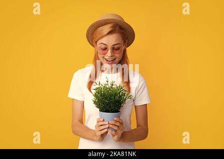 Fröhliche junge Frau mit Topfpflanze. Isolierter gelber Hintergrund, Nahaufnahme im Hochformat. Pflanzenpflege und Hausgartenarbeit. Frau pflanzt Blumen in den Topf. Stockfoto