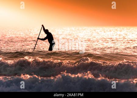 Ein Paddelboarder, der von einem spektakulären Sonnenuntergang am Fistral Beach am Ende des wärmsten Tages des Jahres in Newquay in Cornwall in Großbritannien umrast wird. Stockfoto