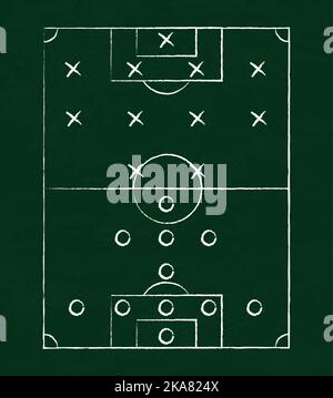 Fußball- und Fußballtaktiken mit weißer Kreide auf einem grünen Brett gezeichnet - Vektorgrafik Stock Vektor