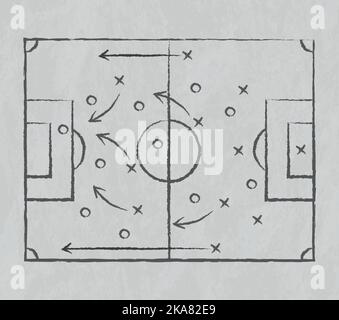 Fußball- und Fußballtaktik mit Kreide gezeichnet, Marker auf einem weißen Brett - Vektorgrafik Stock Vektor