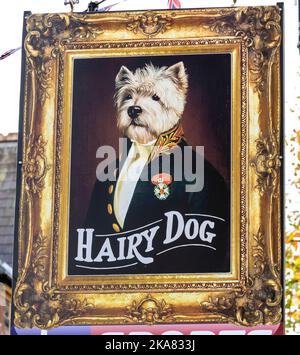 Traditionelles hängendes Pub-Schild am Hairy Dog Public House, The Avenue, Minehead, North Devon, Devon, England, Großbritannien Stockfoto