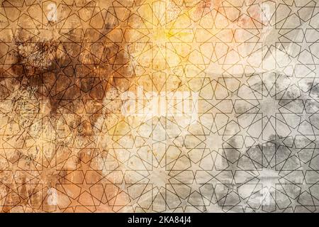 Abstrakter Hintergrund mit islamischem Ornament, arabisches geometrisches Muster. Schwarz gefütterte Fliesenmotive auf farbigem Hintergrund im alten Wandstil. Stockfoto