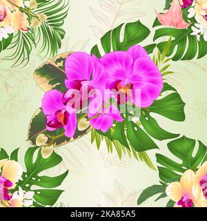 Nahtlos strukturierter Blumenstrauß mit tropischen Blumen, mit wunderschönen violetten und gelben Orchideen, Palmen, Philodendron und Brugmansia vintag Stock Vektor