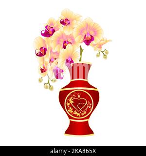 Orchidee gelb phenopsis in einer Vase aus rotem Porzellan Gold Ornament Herz mit Krone und Blätter vintage Vektor Illustration editierbare Hand zeichnen Stock Vektor