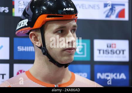 Harrie Lavreysen aus den Niederlanden bei den UCI-Bahn-Weltmeisterschaften 2022 in Saint-Quentin-en-Yvelines (Frankreich). Stockfoto