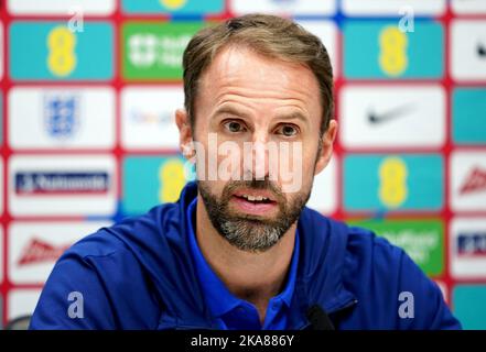 Datei-Foto vom 25-09-2022 von Gareth Southgate, dem englischen Manager, der glaubt, dass die Arbeiter in Katar in ihrem Wunsch nach der WM nach Schieß los. „vereint“ sind. Ausgabedatum: Dienstag, 1. November 2022. Stockfoto