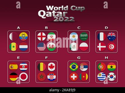 3D Illustrationsgruppen der Weltmeisterschaft Katar 2022 Meisterschaft. Alle 32 qualifizierten Länder. Auf dem Hintergrund der Flagge von Katar. Stockfoto