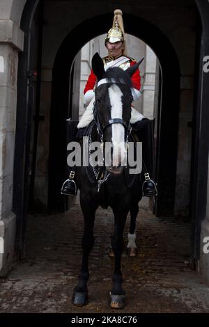 Rettungsschwimmer auf schwarzem Pferd. Pferdeschützer London England Stockfoto