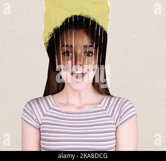 Collage zeitgenössischer Kunst. Modernes Design. Junge schöne Frauen verschiedener Rassen, die in einem Gesicht miteinander verbunden sind. Stockfoto