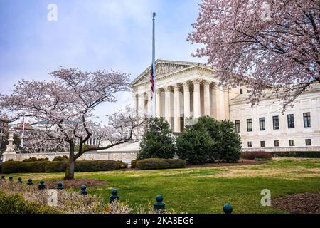 Blick von der Fassade des Obersten Gerichtshofs der Vereinigten Staaten durch die Kirschblütenlandschaft, Washington DC, USA Stockfoto